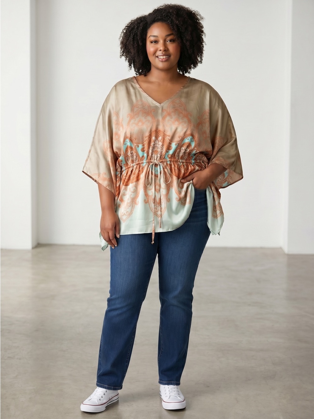 Jones New York Satin Taupe & Cream Paisley Print Poncho Top Size 2X